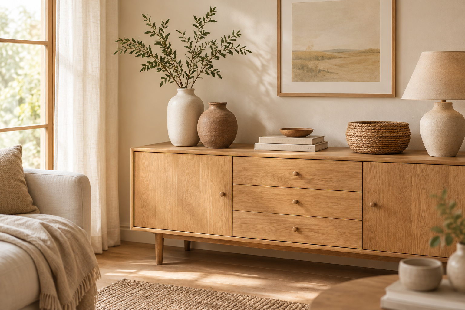 Thoughtfully styled handmade home decor in a warm interior with soft daylight, wood, linen, and ceramic textures