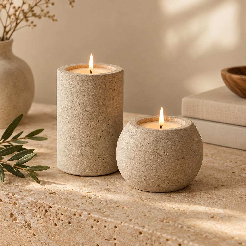 Set of two handmade linen-toned concrete candle holders