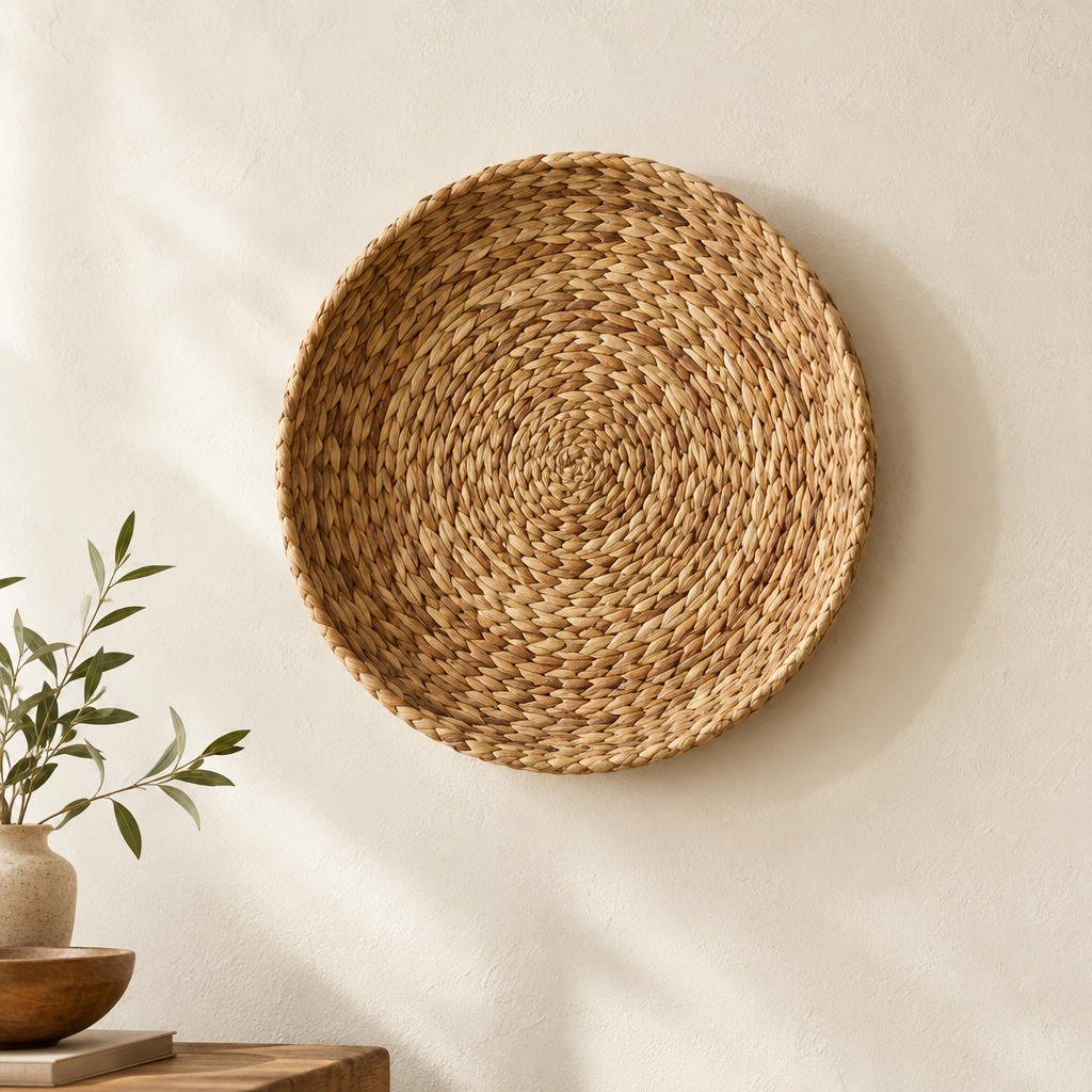 Round woven seagrass wall basket with natural tan texture