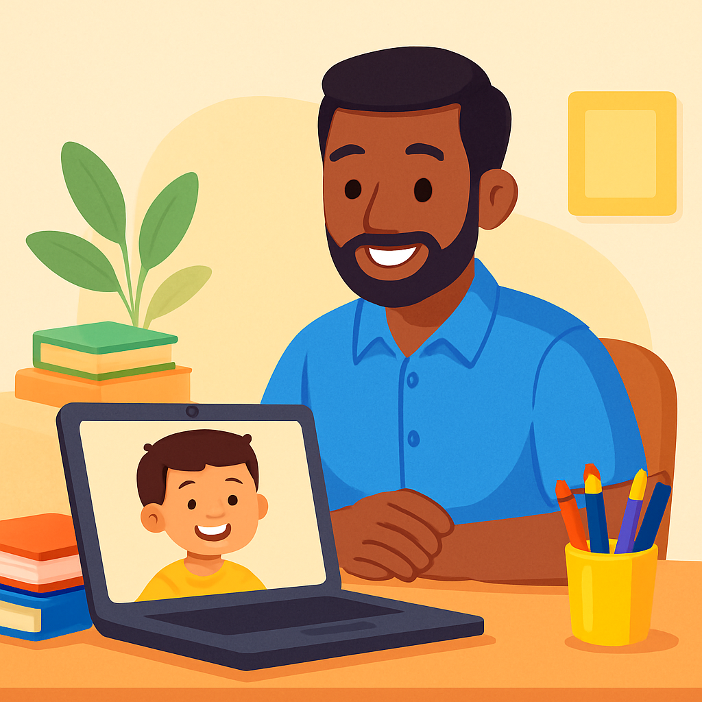 Friendly male primary school tutor in a neat blue shirt sitting at a desk with colorful books, a pencil cup, and a smiling child on a laptop screen; warm, bright, child-friendly illustration style