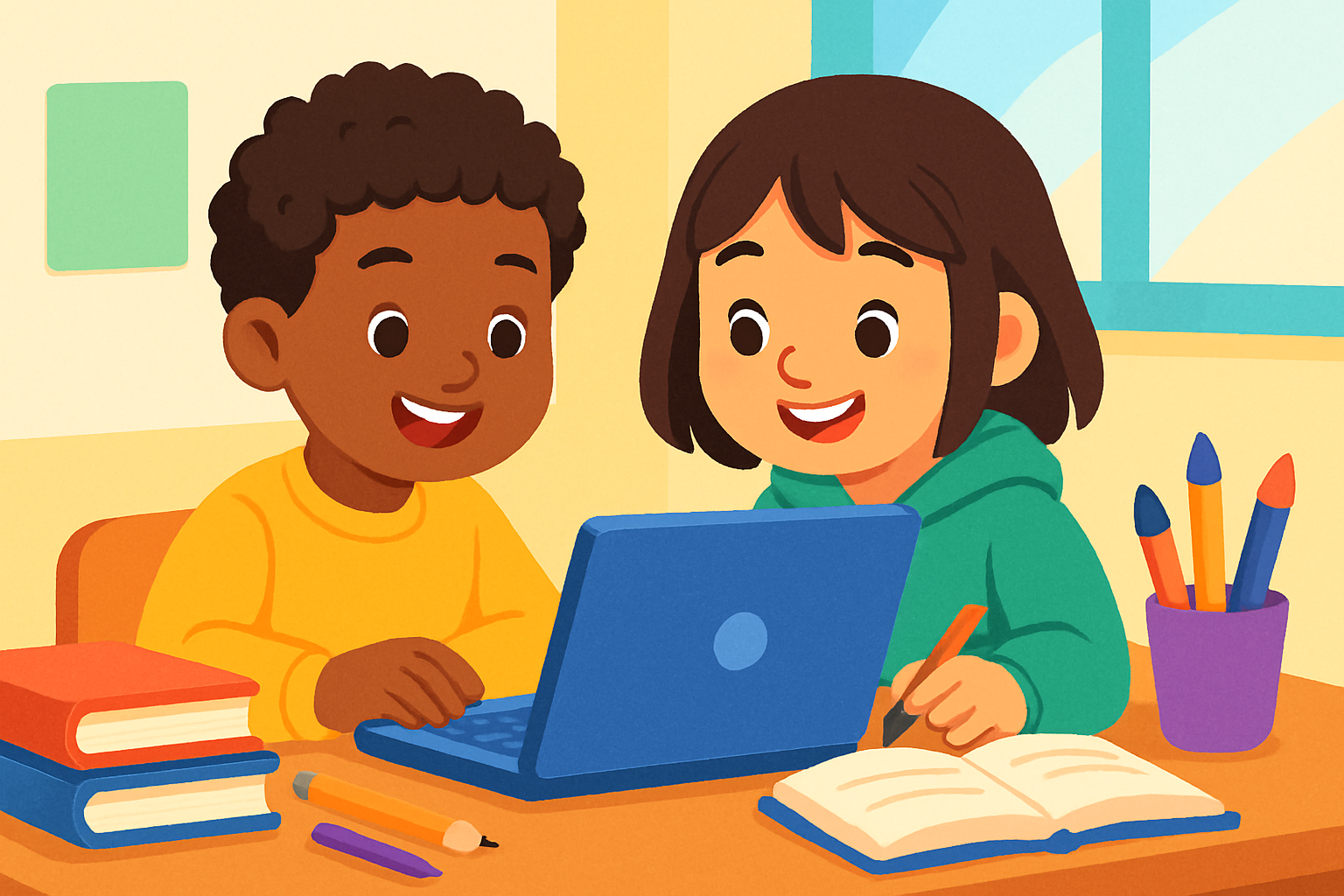 Two cheerful primary school learners studying with colorful books and pencils, smiling at a laptop