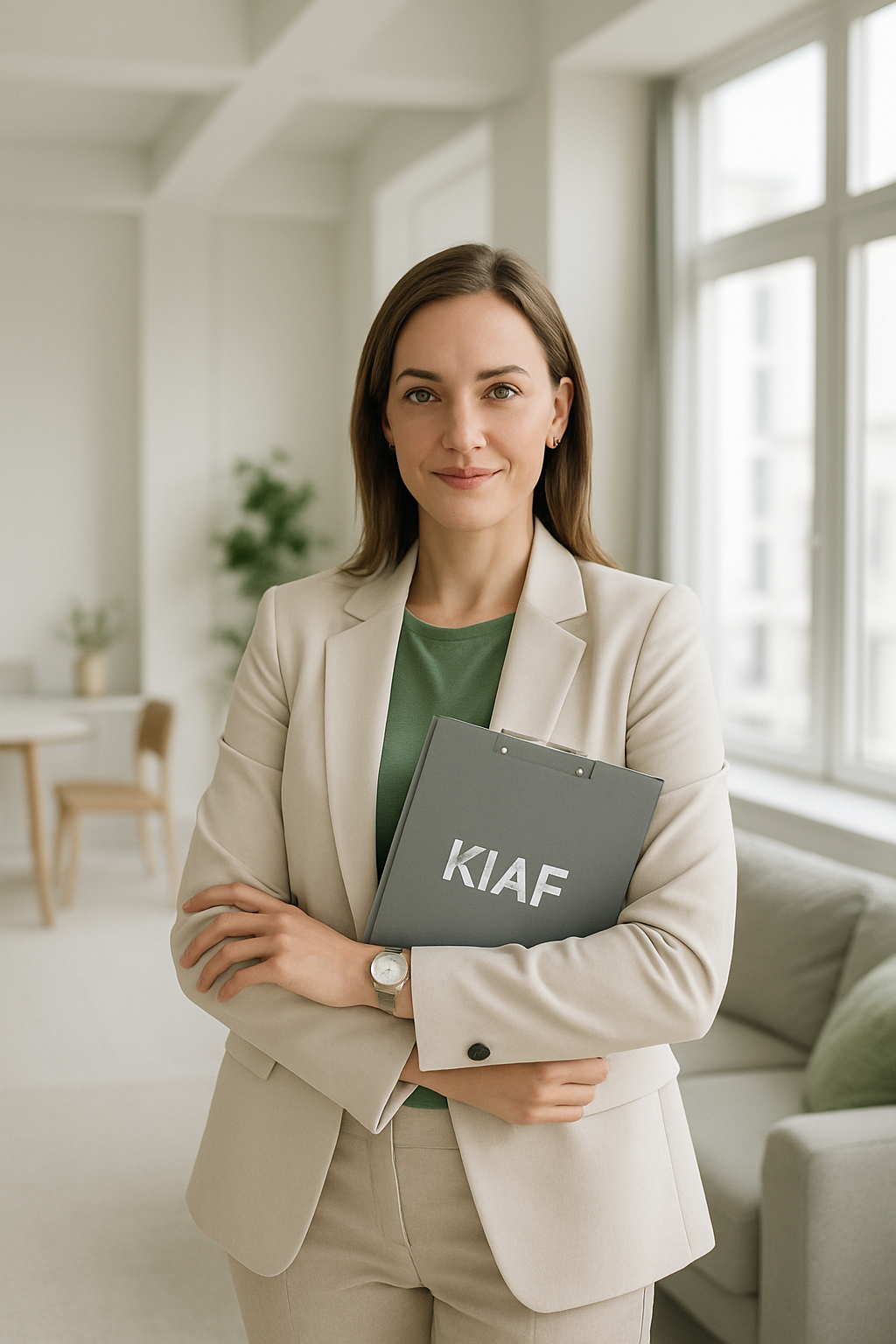 Professional portrait of Olha Melnyk in a bright modern Kyiv apartment interior
