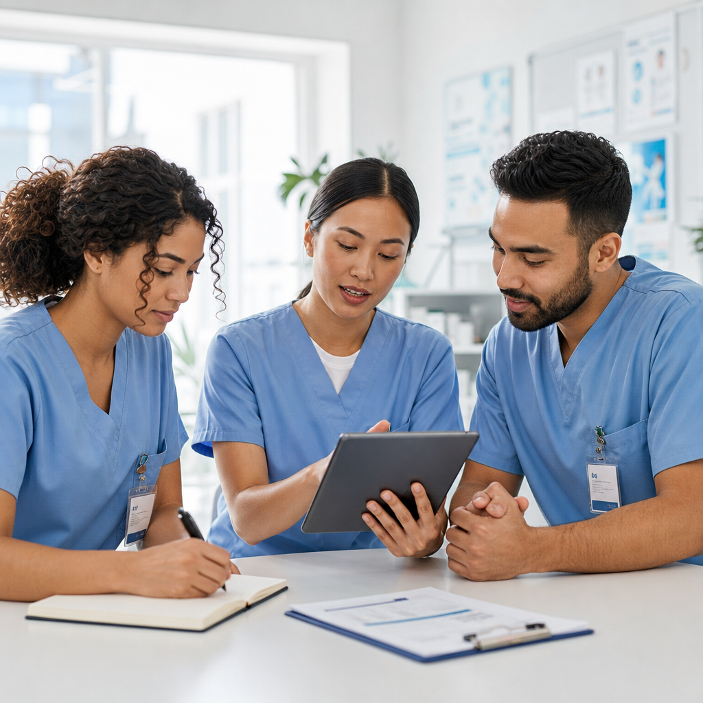 Three healthcare professionals in light blue scrubs reviewing a wellness care plan on a tablet in a bright clinic