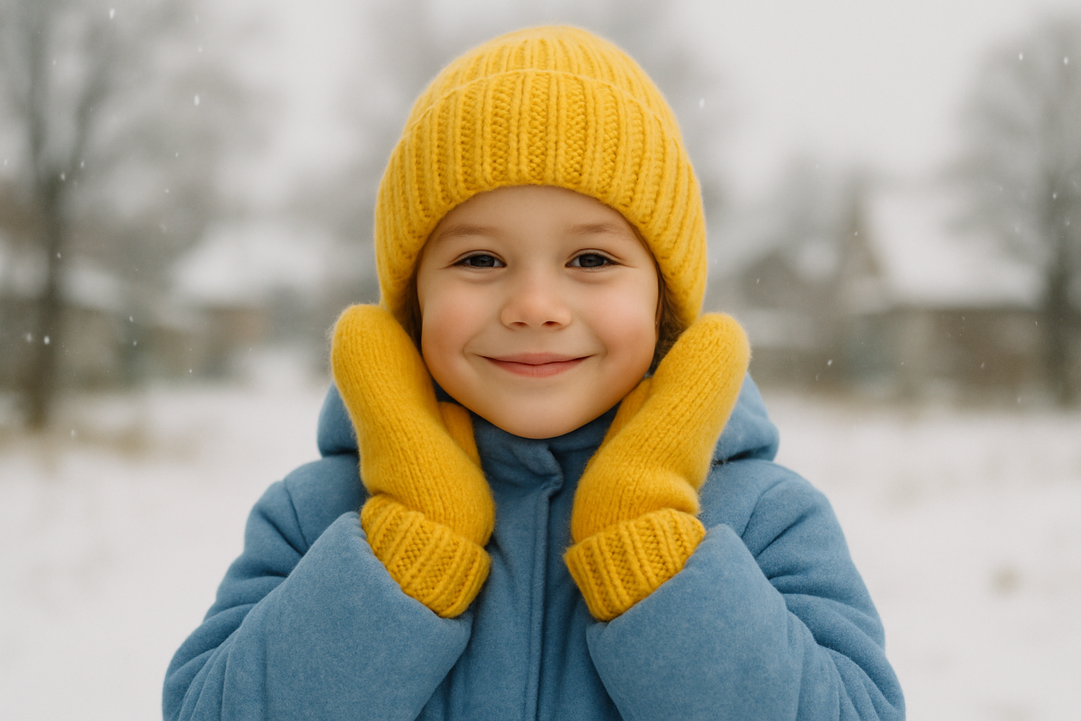 A cheerful Ukrainian child wearing a bright yellow knitted hat, mittens, and a warm winter coat, smiling softly outdoors with gentle snow falling and soft winter daylight
