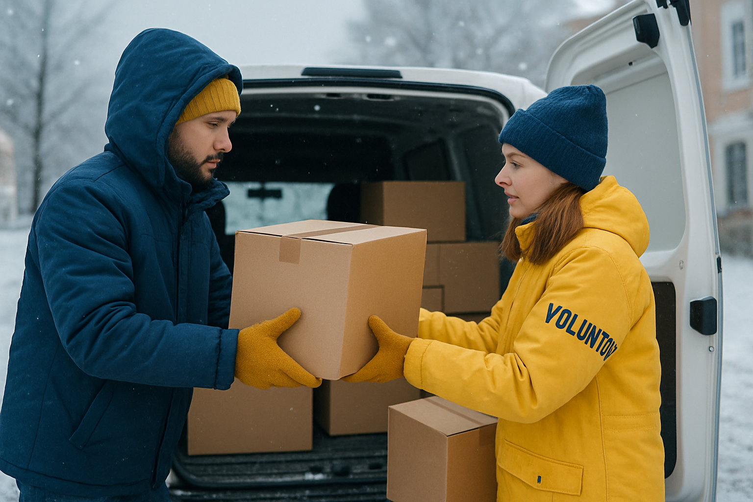 Volunteers in warm jackets loading cardboard relief boxes into a small white delivery van on a snowy Ukrainian street, with a soft blue winter sky and a sense of teamwork and movement