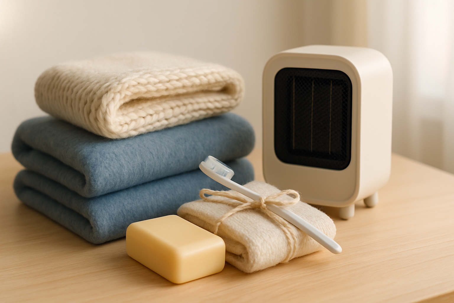 A neatly arranged emergency winter kit on a wooden surface featuring a folded thick wool blanket in soft blue, a knitted scarf, a small portable heater, and hygiene essentials, lit by warm natural window light