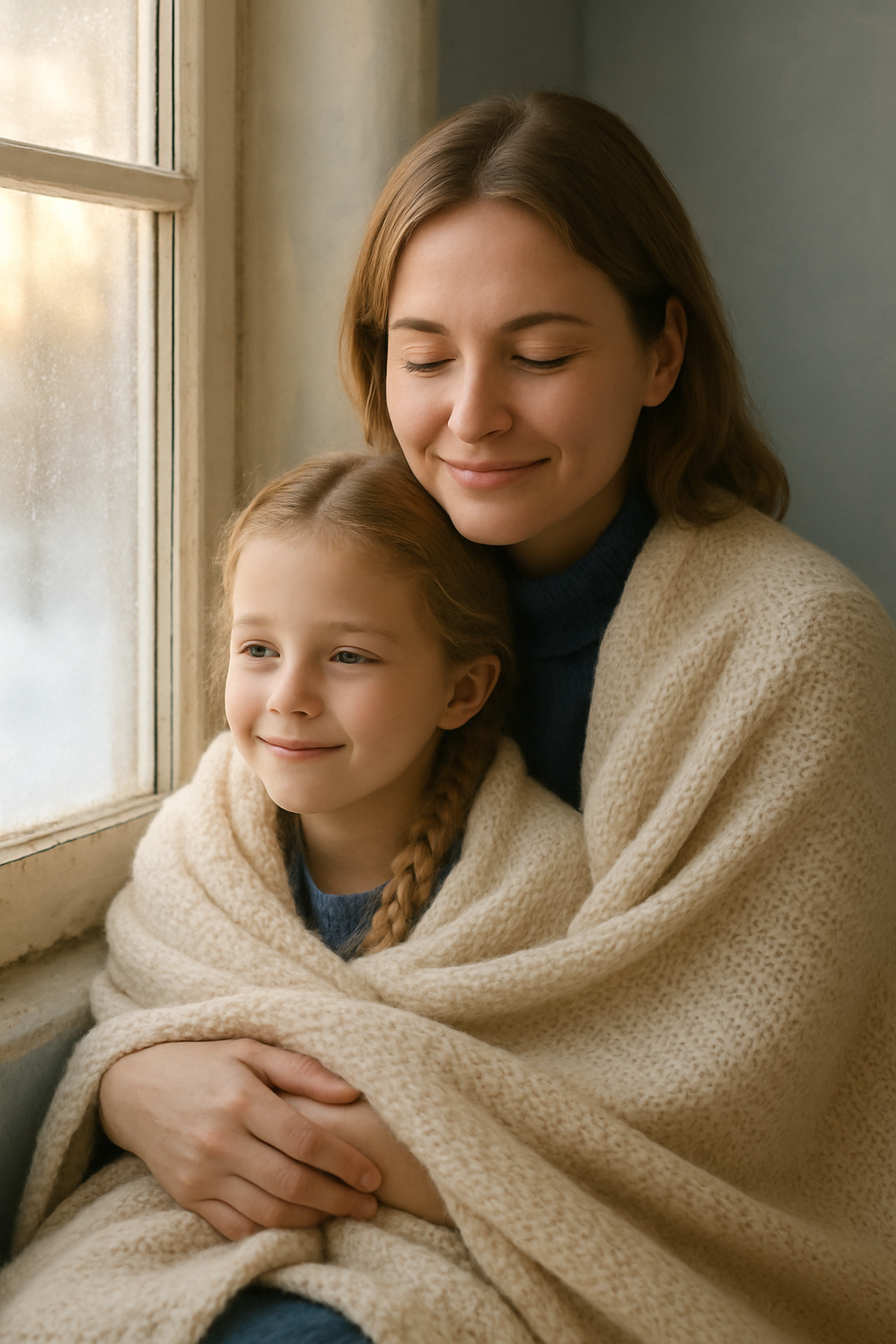A Ukrainian mother and her young daughter wrapped in a warm blanket, sharing a tender moment by a window with soft winter light
