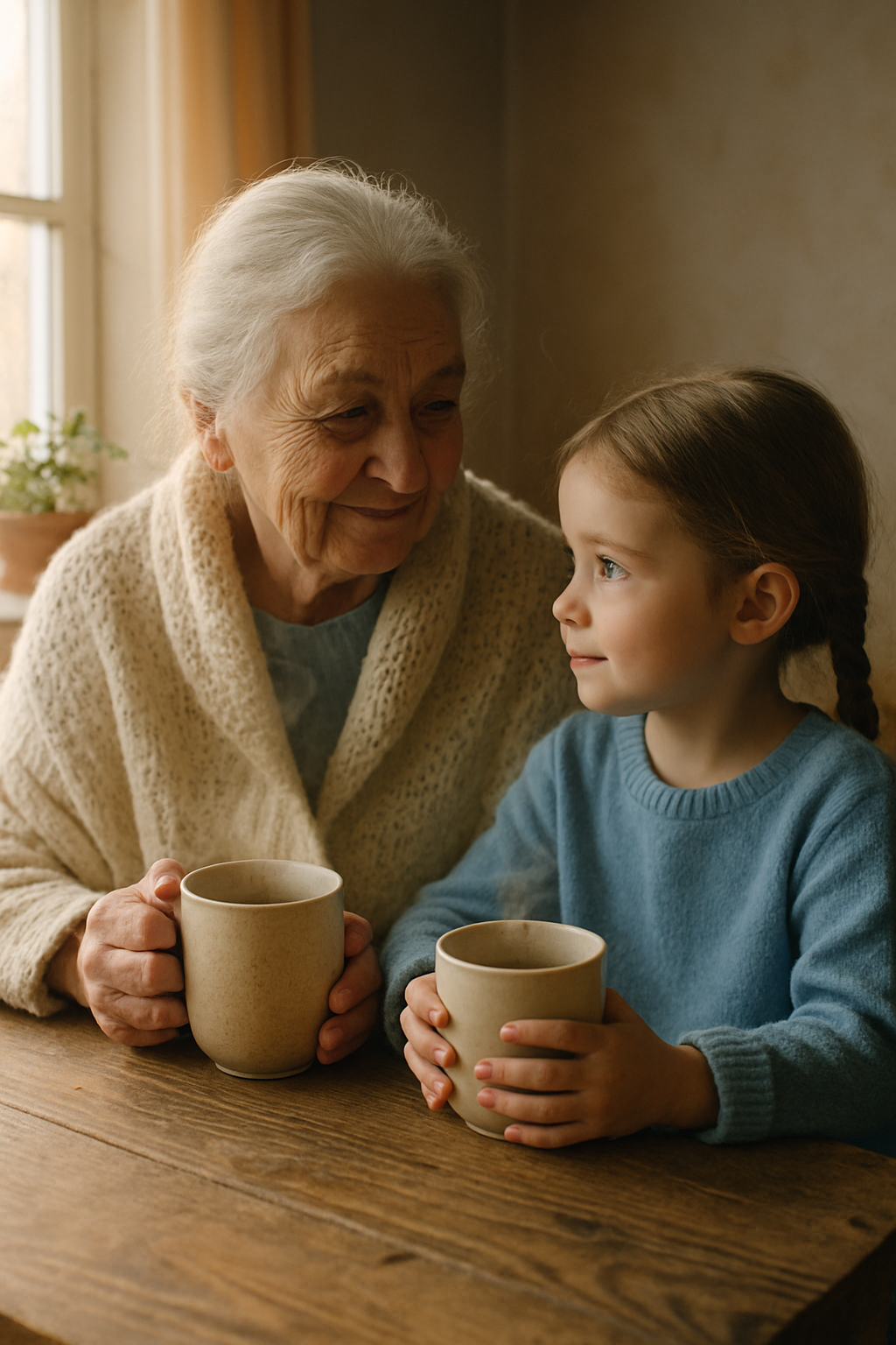 A grandmother in a knitted shawl sitting beside her young granddaughter at a wooden kitchen table, both holding warm mugs, soft window light filling a modest Ukrainian home