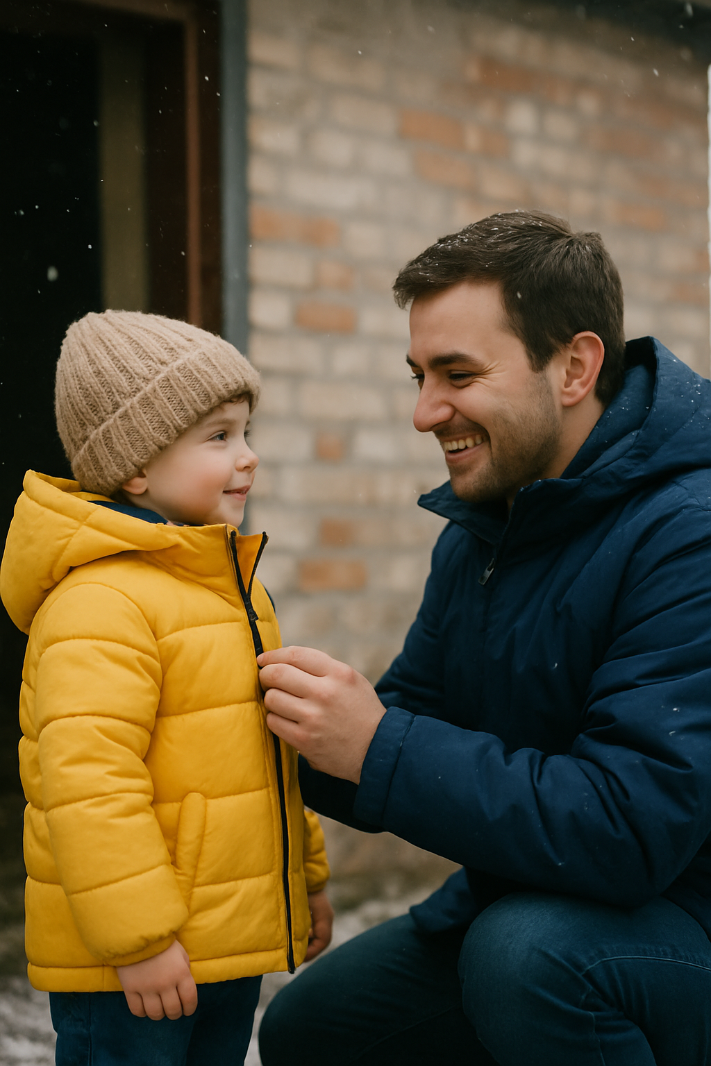 A young father in a navy blue winter coat zipping up his small son's bright yellow puffer jacket outside a shelter building, gentle snowfall around them
