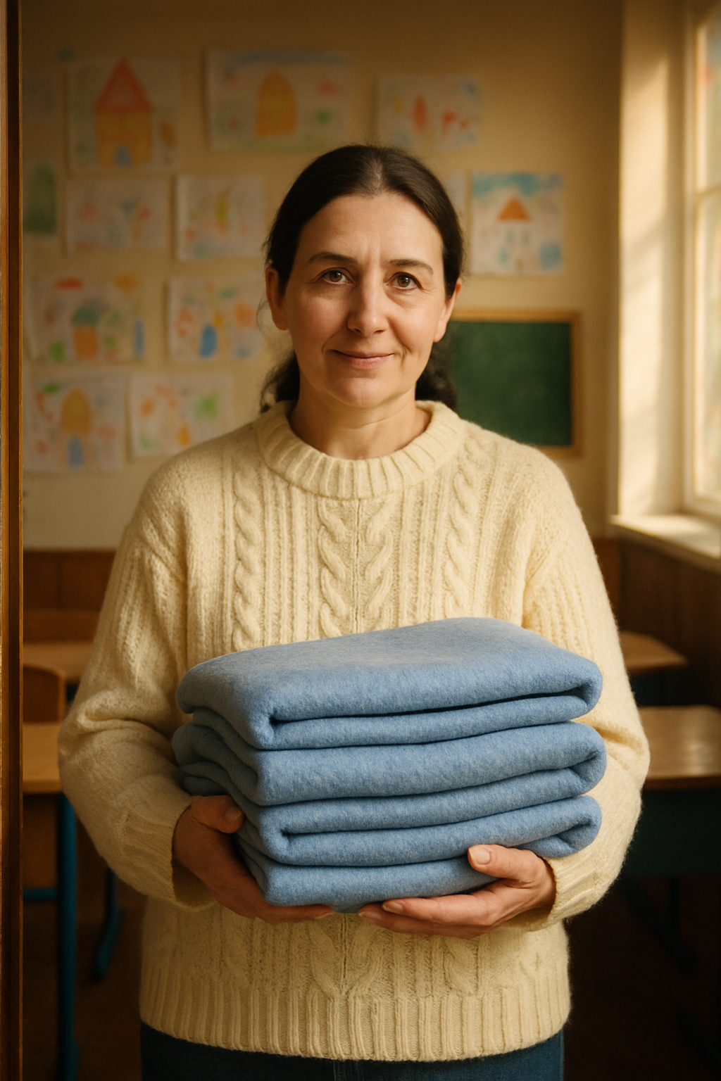 A middle-aged woman with kind eyes wearing a cream-colored wool sweater, standing in a classroom doorway holding a stack of warm blankets, children's drawings on the wall behind her