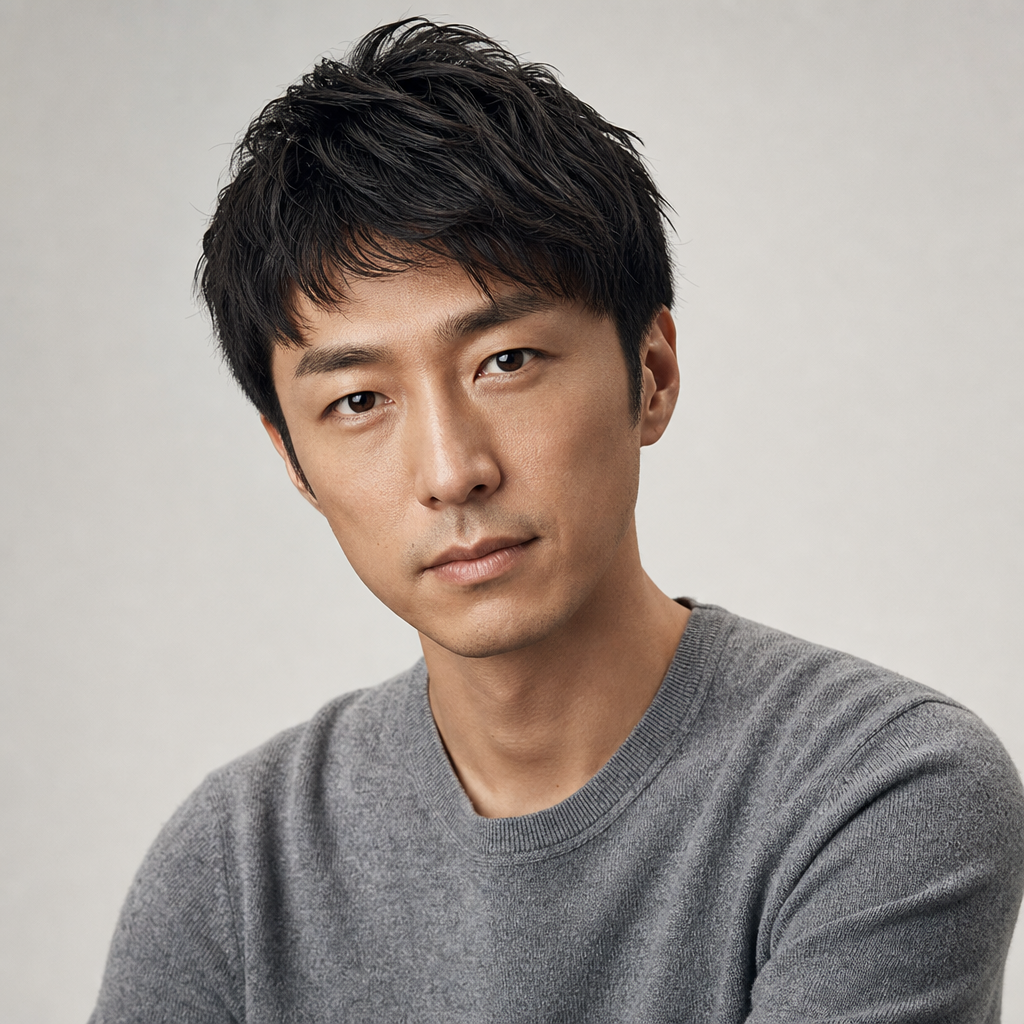 Premium studio portrait of Akinori Ando with short textured hair, wearing a soft gray knit top