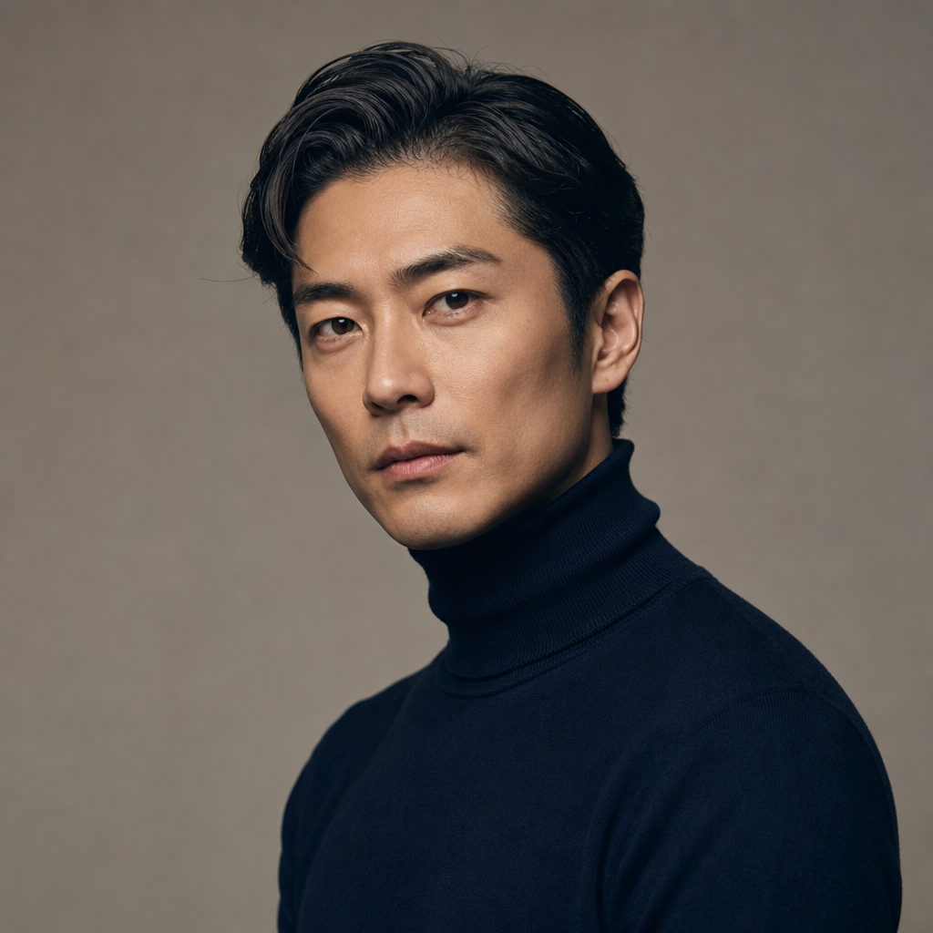 Editorial portrait of Akio Mochizuki with a clean side-part haircut, wearing a deep navy turtleneck