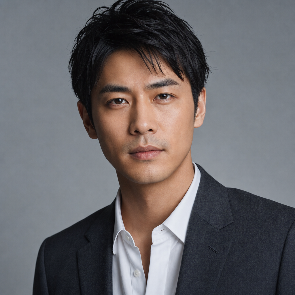 Professional studio portrait of Hajime Inoue with short dark hair, wearing a charcoal blazer and crisp white shirt