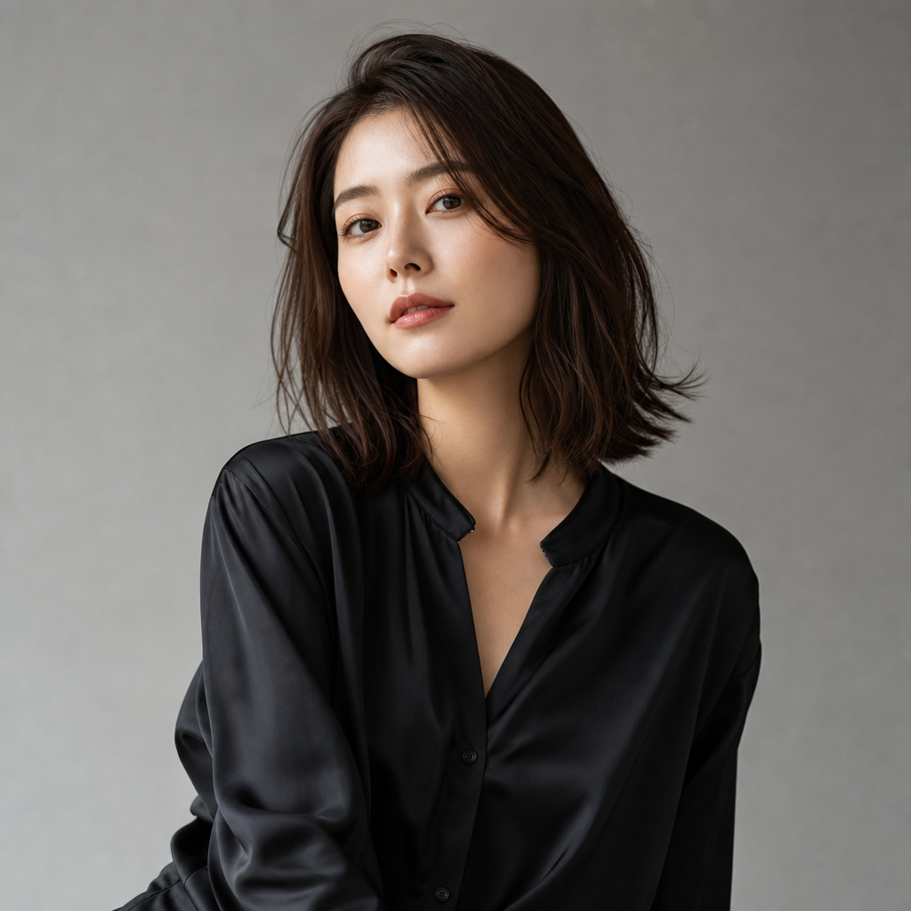 Elegant portrait of Haruka Uchimura with shoulder-length hair, wearing a black silk blouse
