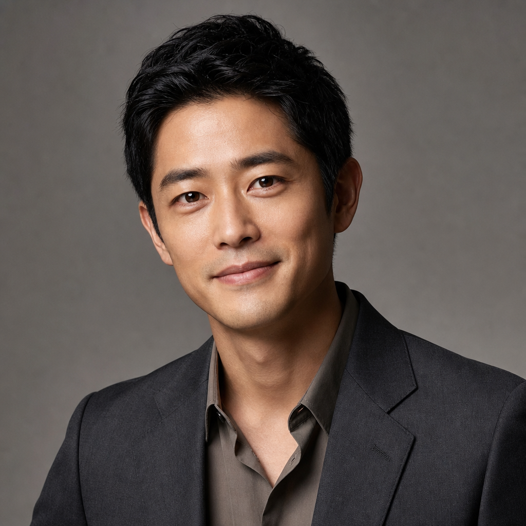 Professional portrait of Issei Okihara with a relaxed smile, wearing a graphite suit jacket