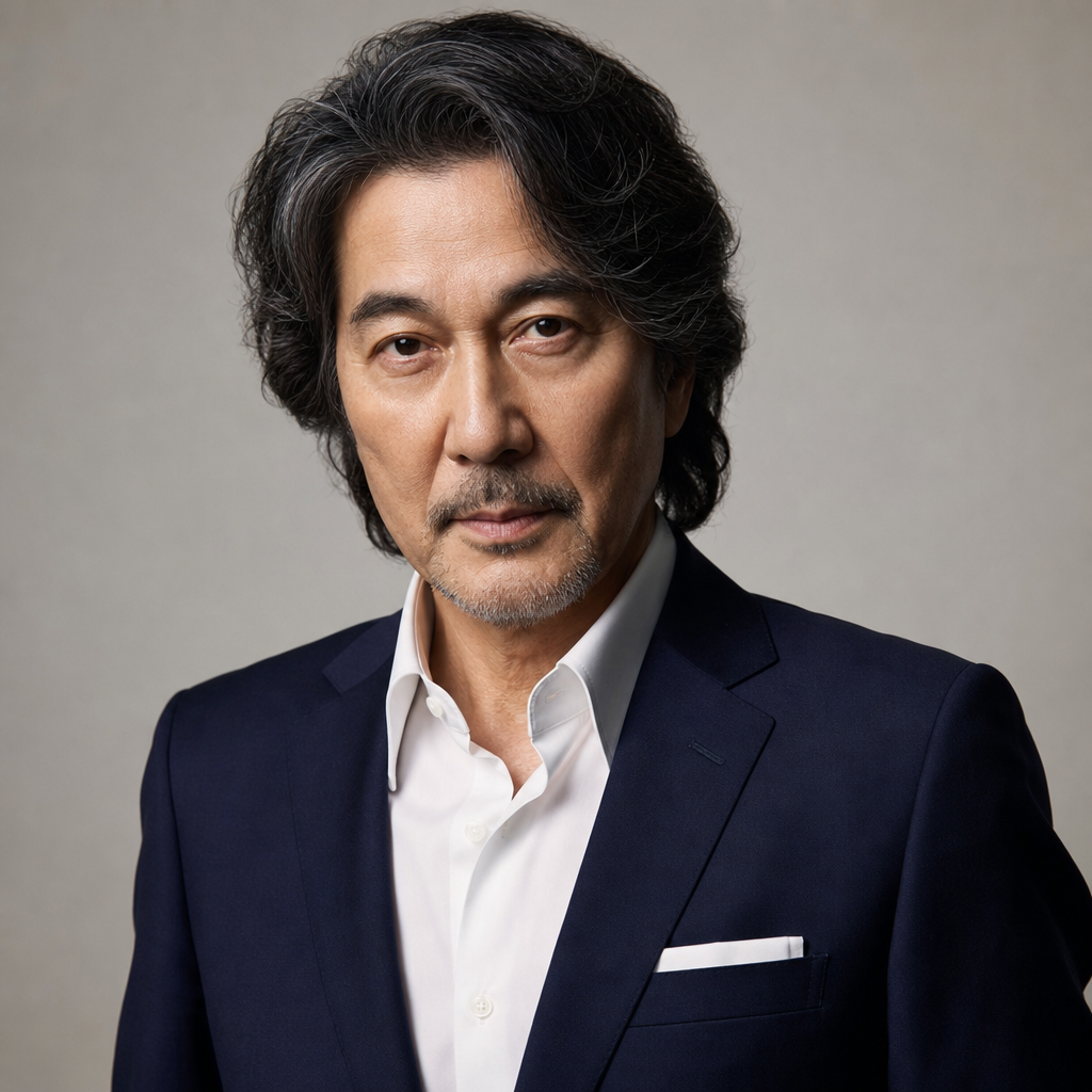 Editorial studio portrait of Koji Yakusho with a calm, confident expression, wearing a tailored navy suit against a neutral backdrop