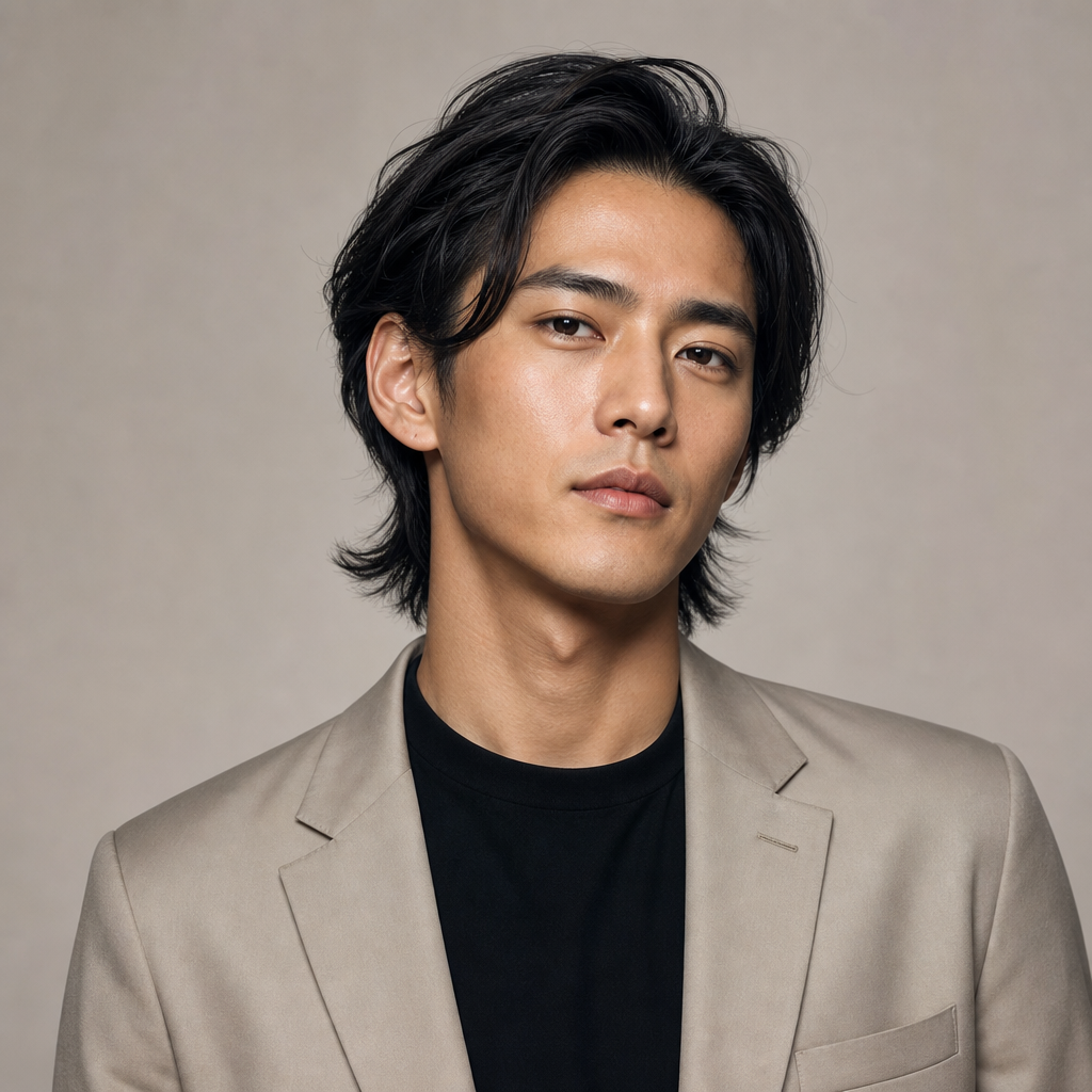 Studio portrait of Yuuki Kan with medium-length hair swept back, wearing a light stone blazer
