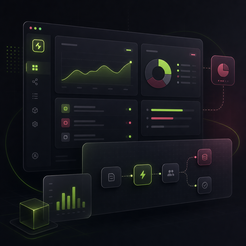 Abstract dark-mode software dashboard with neon green and burgundy accents, layered cards, charts, and workflow nodes