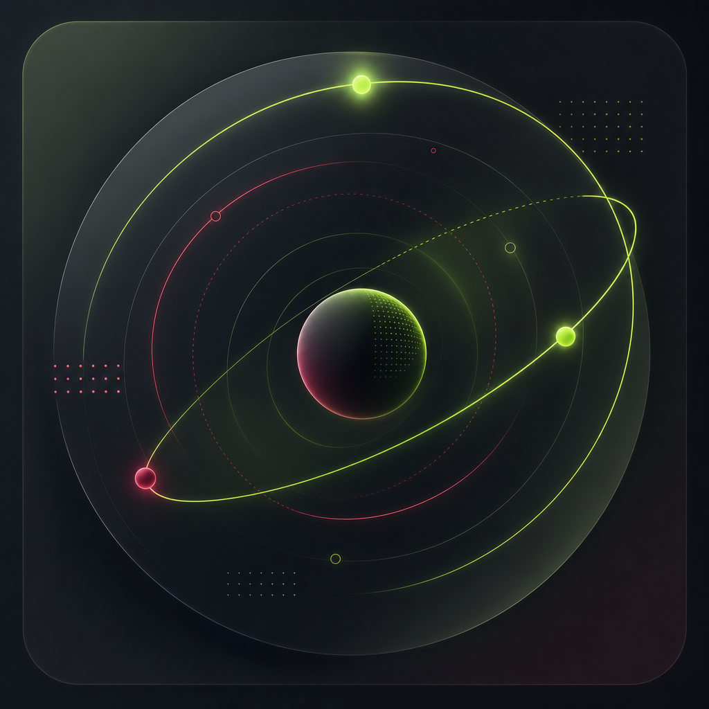 Abstract neon tech orbit with layered rings and small grid nodes