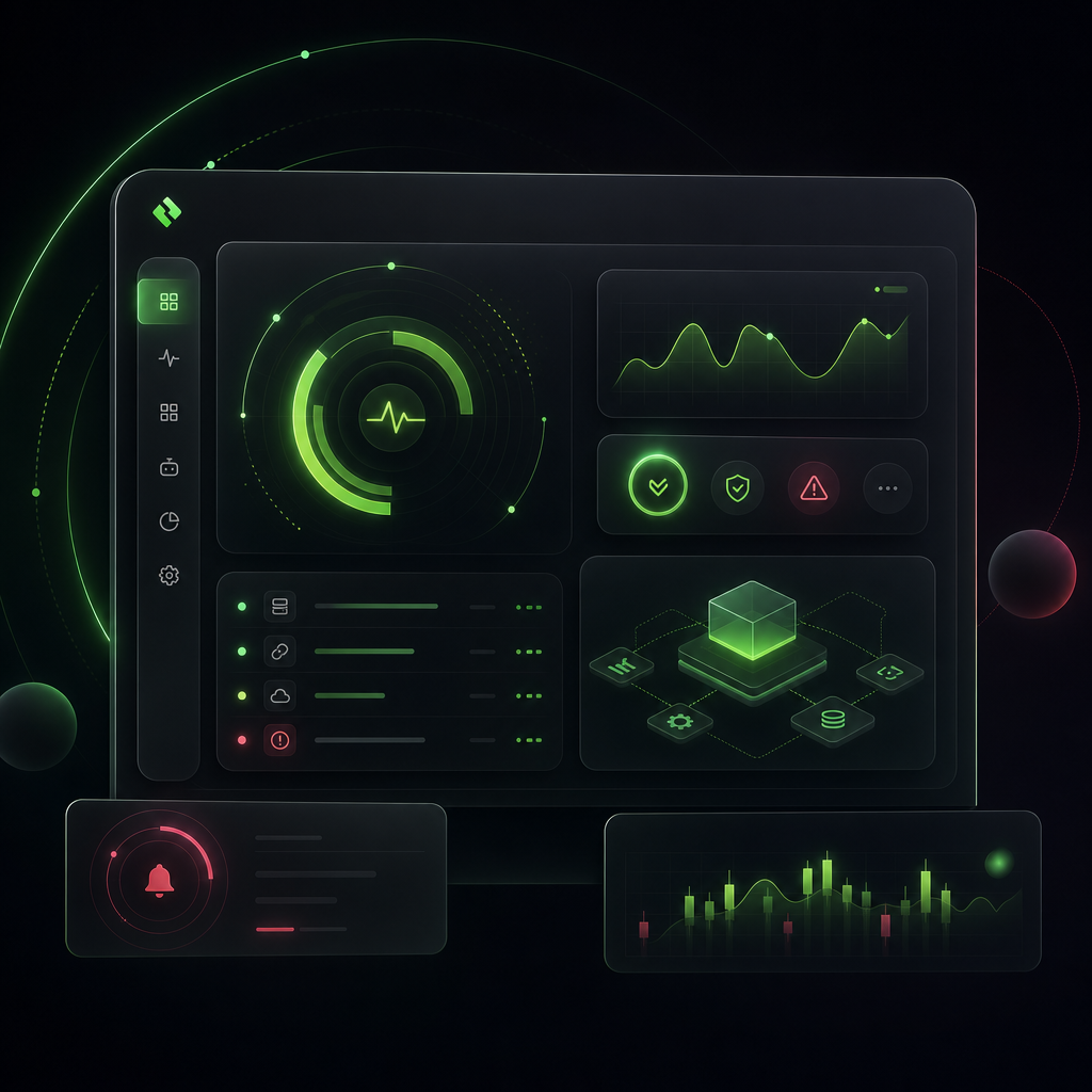 Abstract monitoring assistant interface with alert signals and neon green data arcs on a dark glass panel