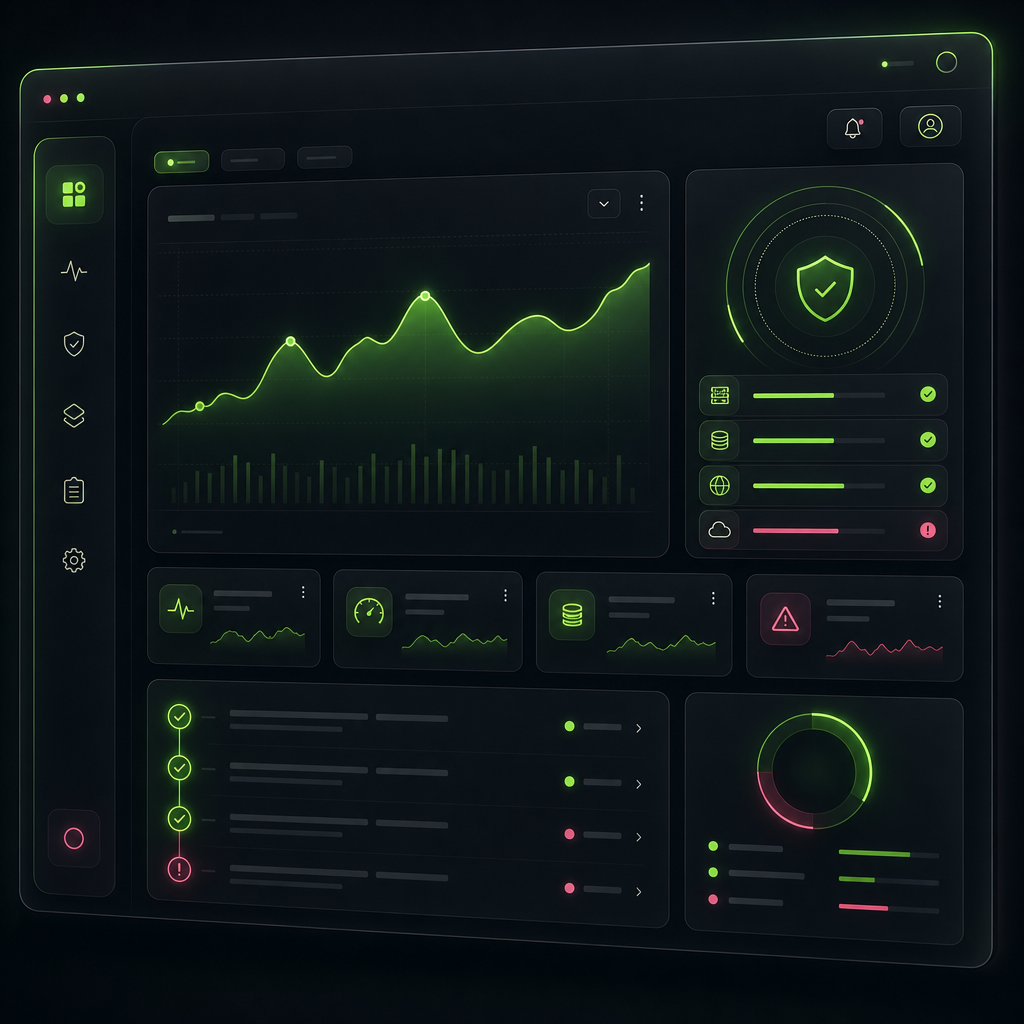 Generic internal monitoring assistant interface with diagnostics panels, alert indicators, and neon accent data arcs on a dark glass panel