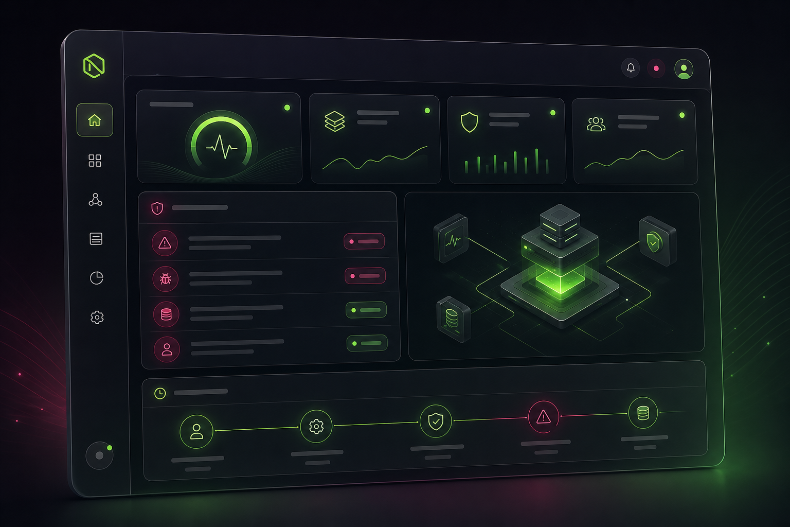 Dark-mode internal operations dashboard illustration with system health tiles, anomaly alerts, and audit timeline using neon green and burgundy accents