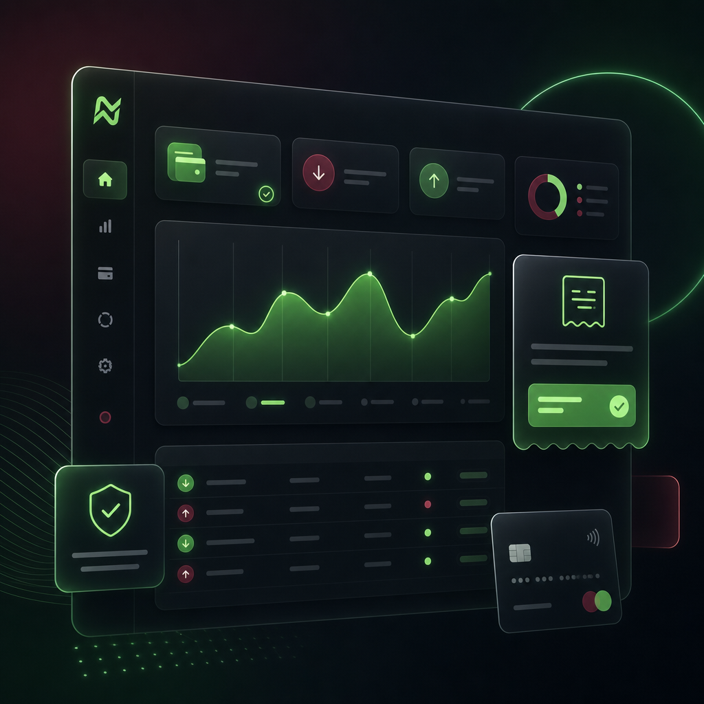 Abstract payment management dashboard with neon green accents on a dark glass panel