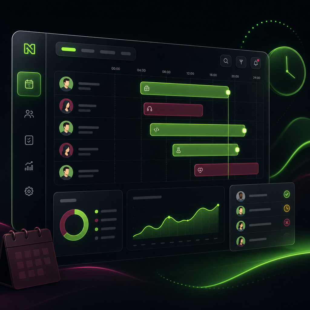 Workforce scheduling interface with timeline blocks and neon highlights on a dark glass panel