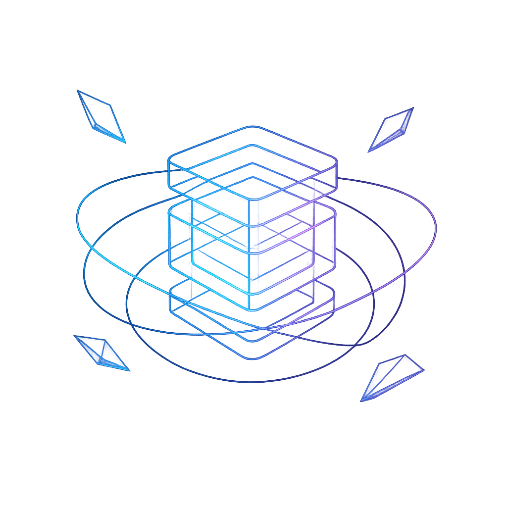 Luminous 3D abstract AI control-core with layered transparent panels, orbit lines, and floating data shards