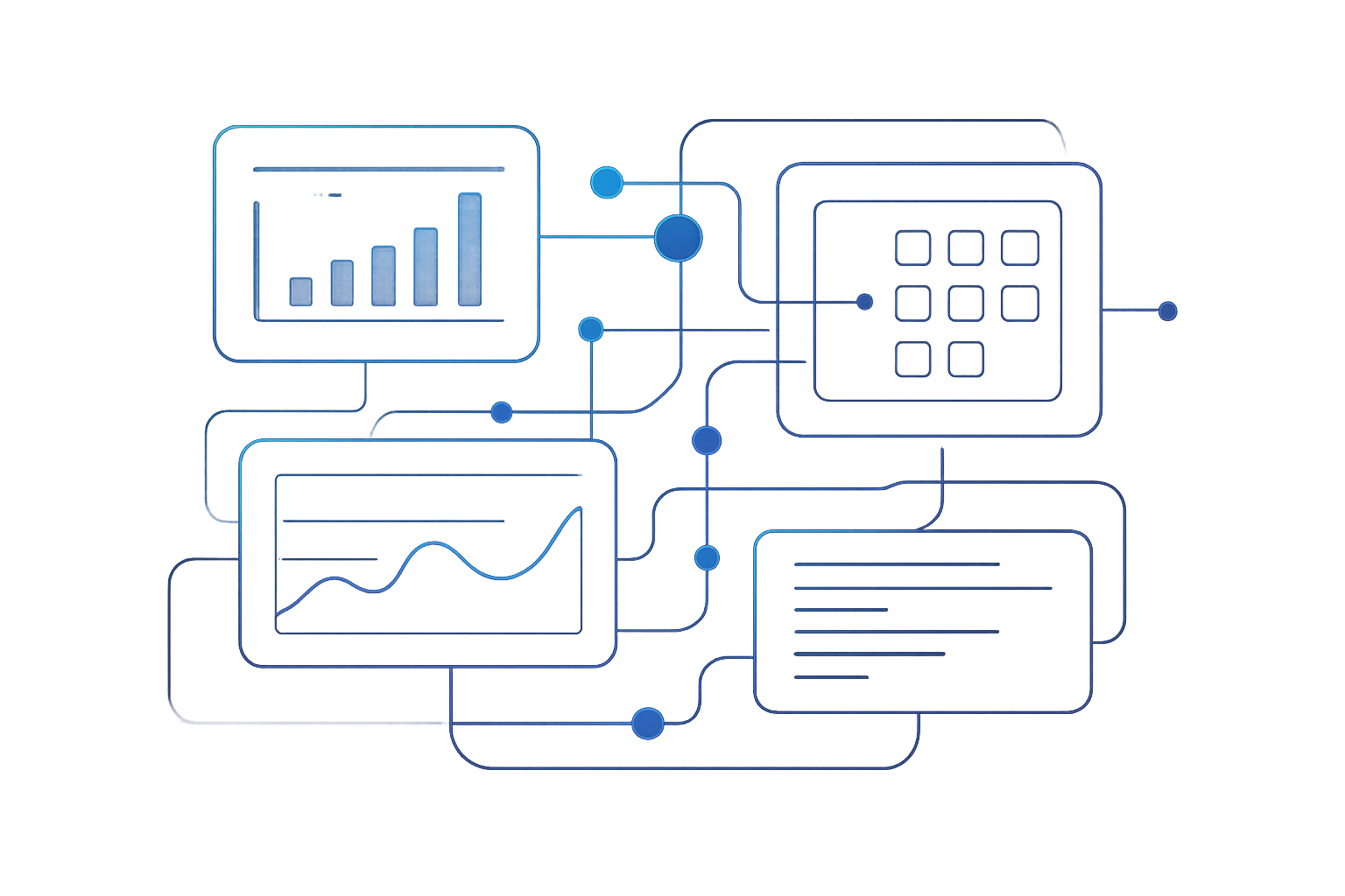 Abstract business-tech systems visualization with connected modules and data flow lines
