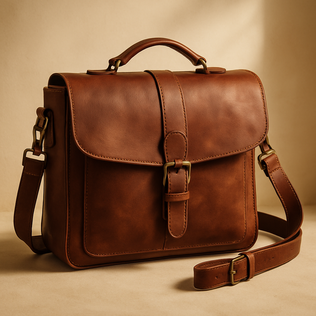 Vintage handcrafted leather messenger bag on ivory background, warm editorial lighting, elegant artisan boutique styling