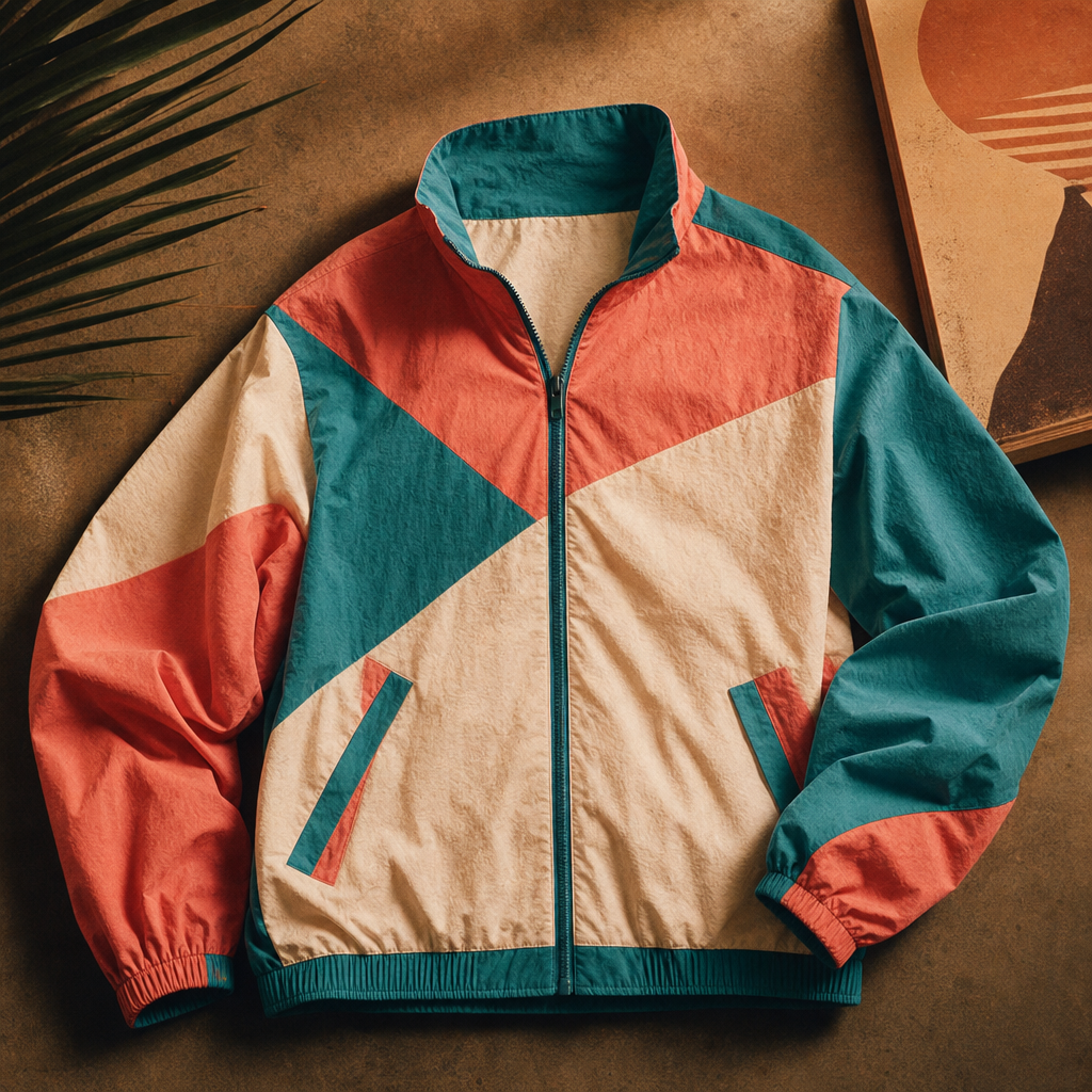 Color-blocked 1980s graphic windbreaker in teal, coral, and cream with bold geometric panels on a warm studio backdrop
