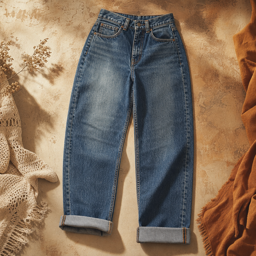 High-waisted vintage denim jeans in washed indigo with a straight-leg silhouette, folded at the hem on a warm textured backdrop