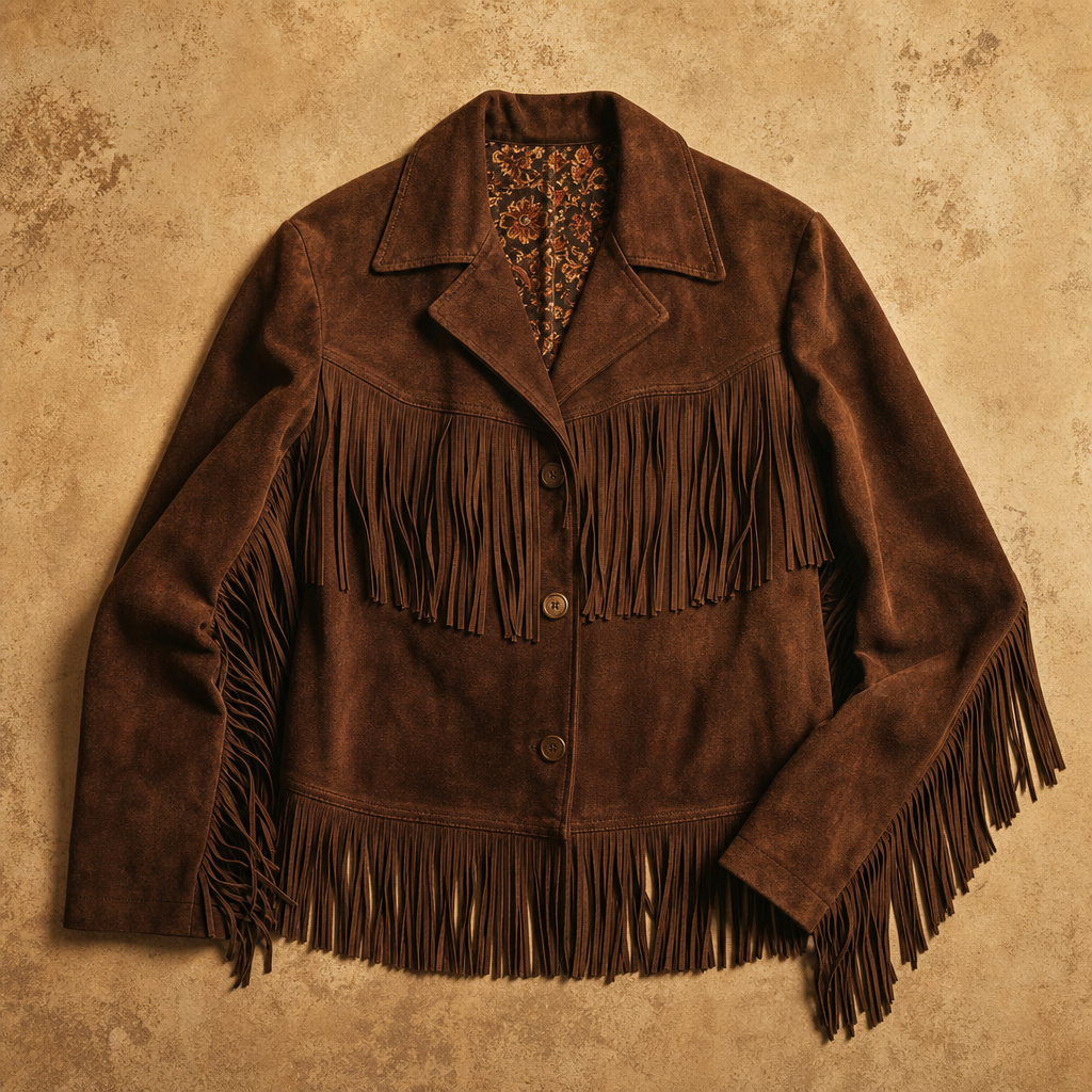 Chocolate brown 1970s suede fringe jacket with long tassels and a wide collar, styled on a neutral backdrop