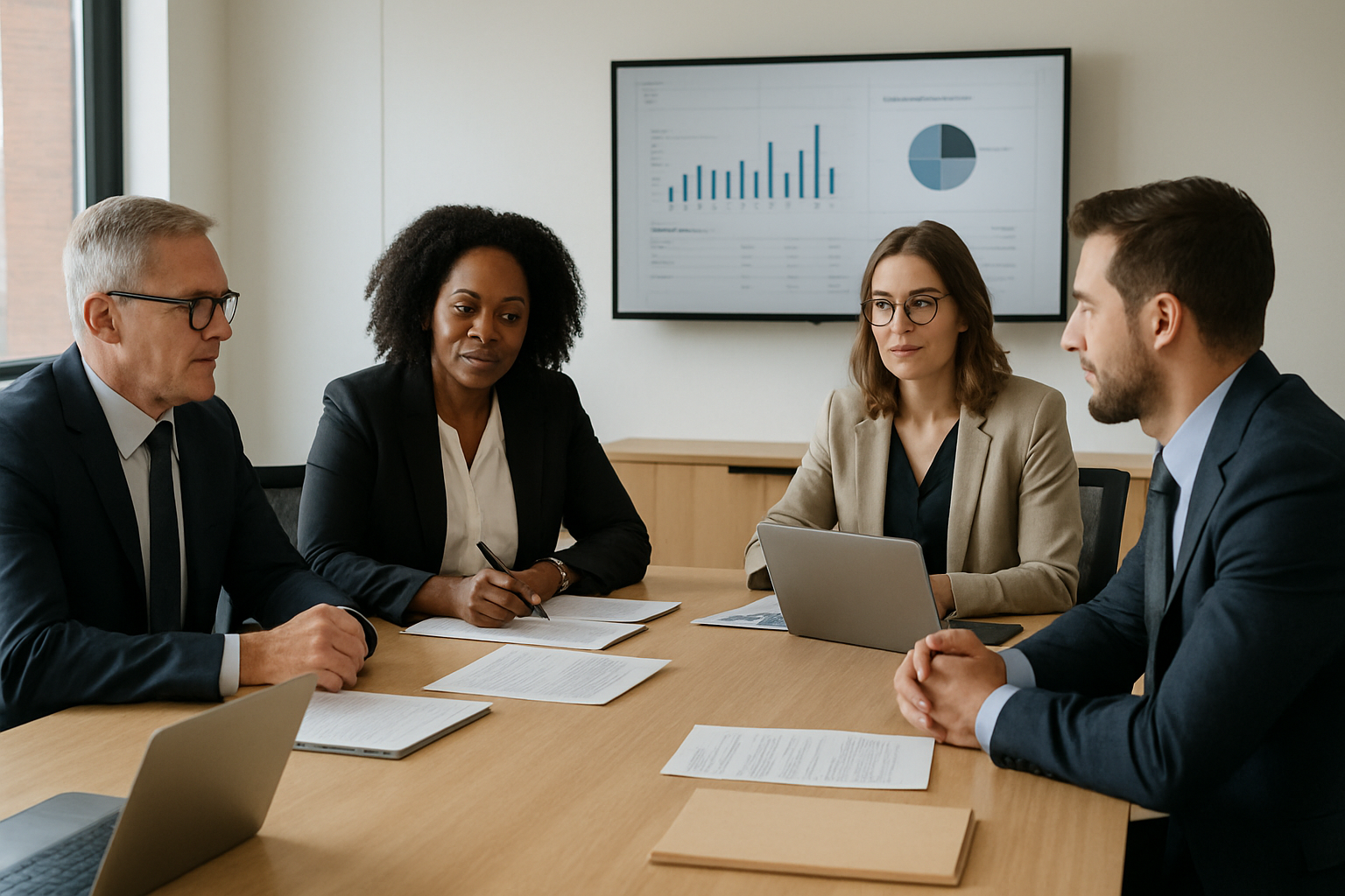 Professional public sector team collaborating in a modern office conference space