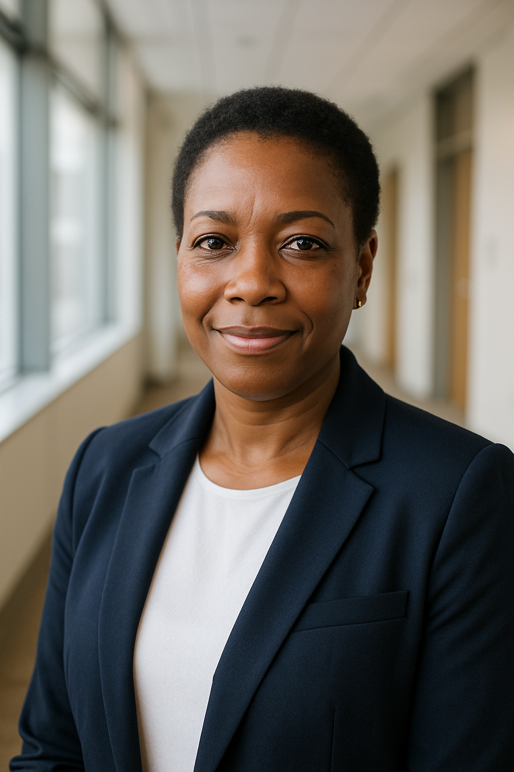 Angela Morris, senior public sector executive with a navy blazer in a bright government office