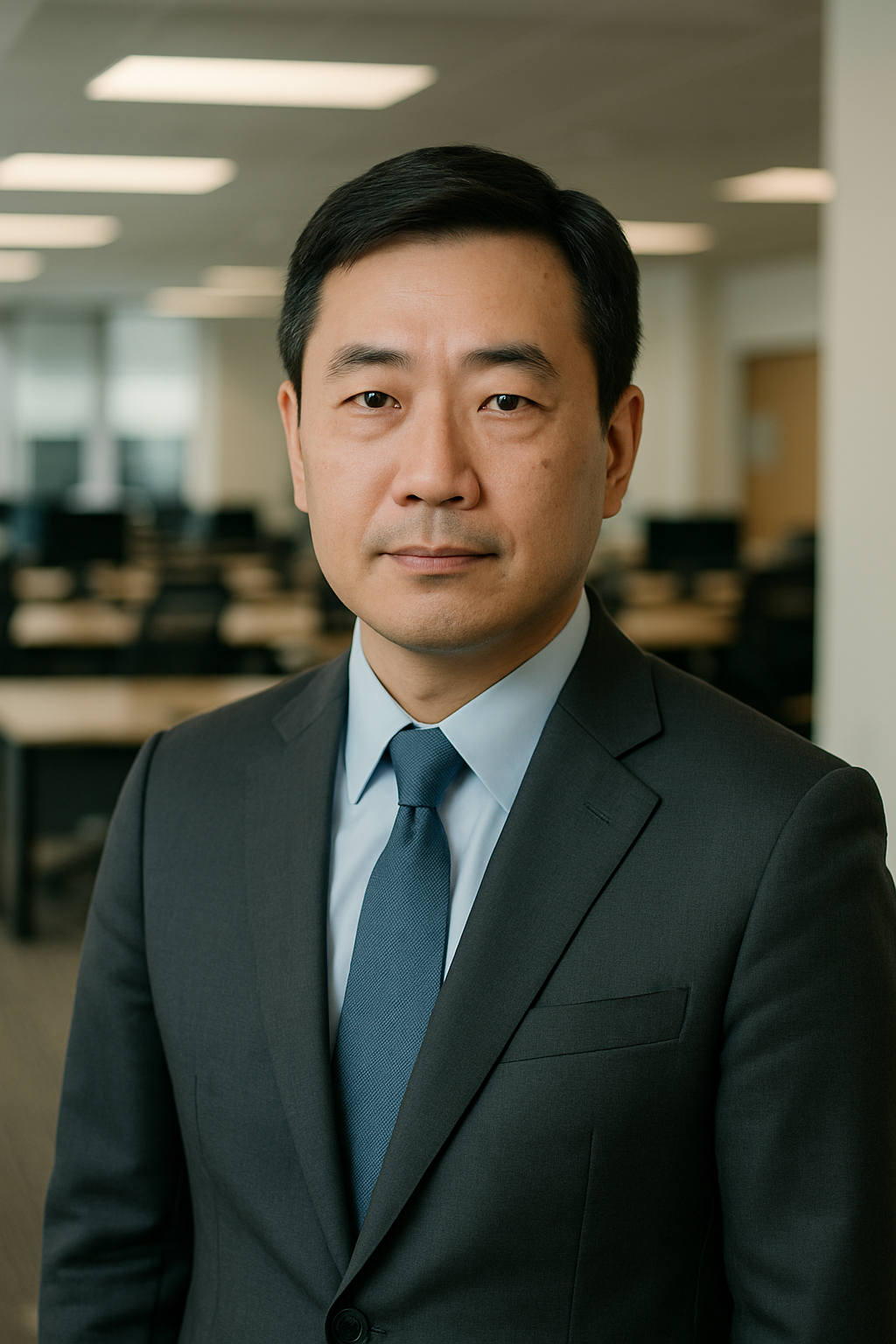 David Chen, administrative services leader wearing a charcoal suit in a modern workspace