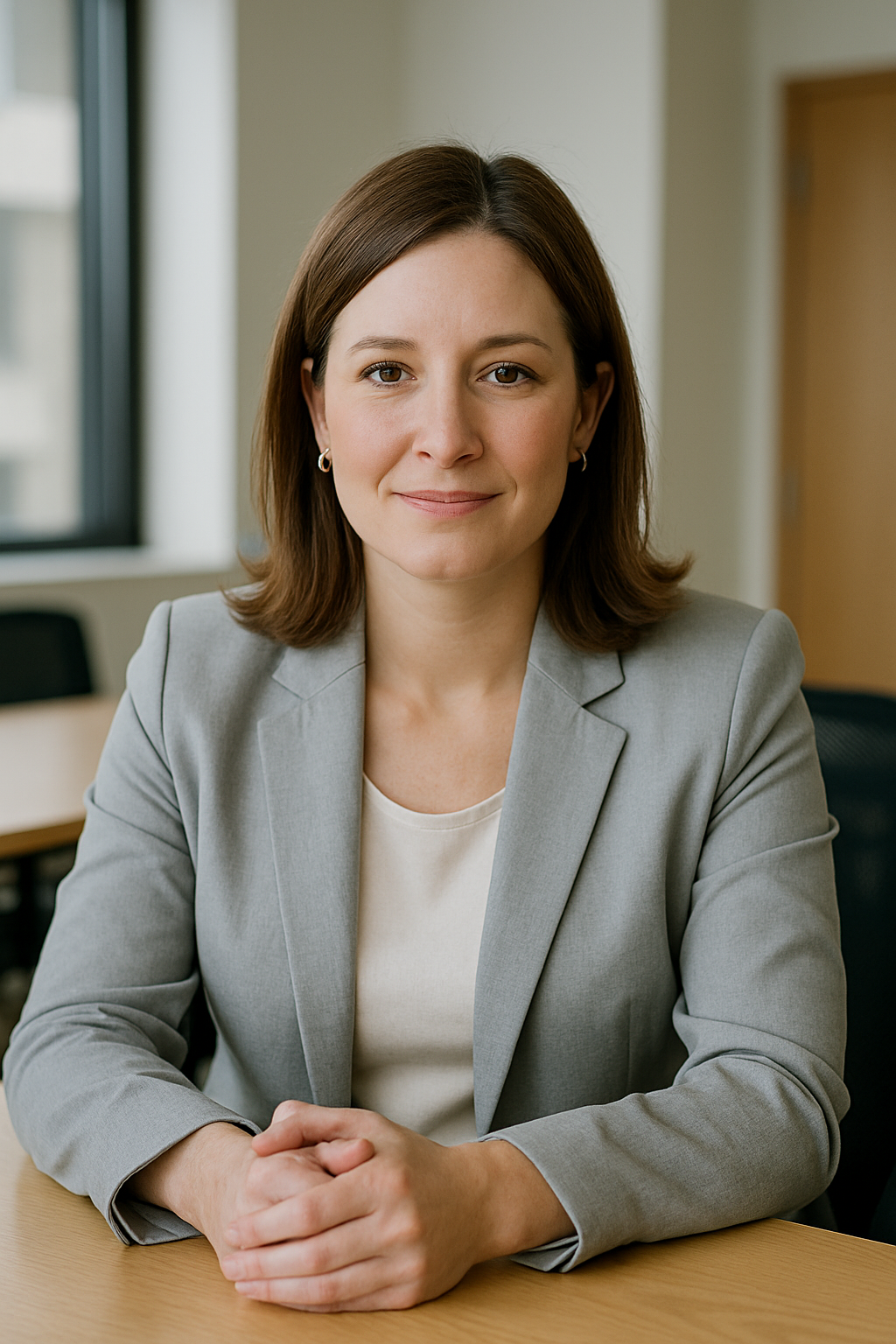 Maria Thompson, program coordination manager in a light gray blazer seated at a collaborative office table