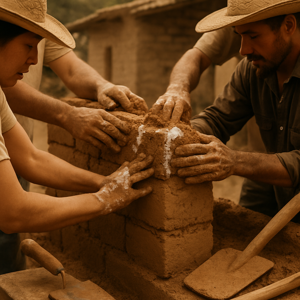 Equipo construyendo muro de adobe en comunidad rural de Oaxaca, texturas de tierra y cal con detalle, herramientas artesanales, composición editorial de alto nivel, paleta cálida terrosa y luz suave direccional, fotografía documental hiperrealista