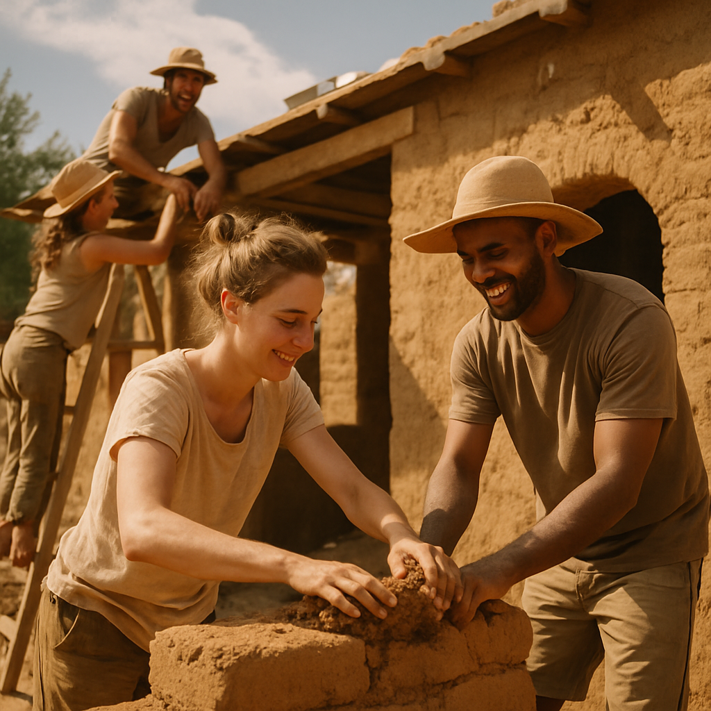 Personas construyendo con tierra y materiales naturales, técnica de bioconstrucción, entorno soleado y amigable, colores cálidos tierra y beige, estilo documental