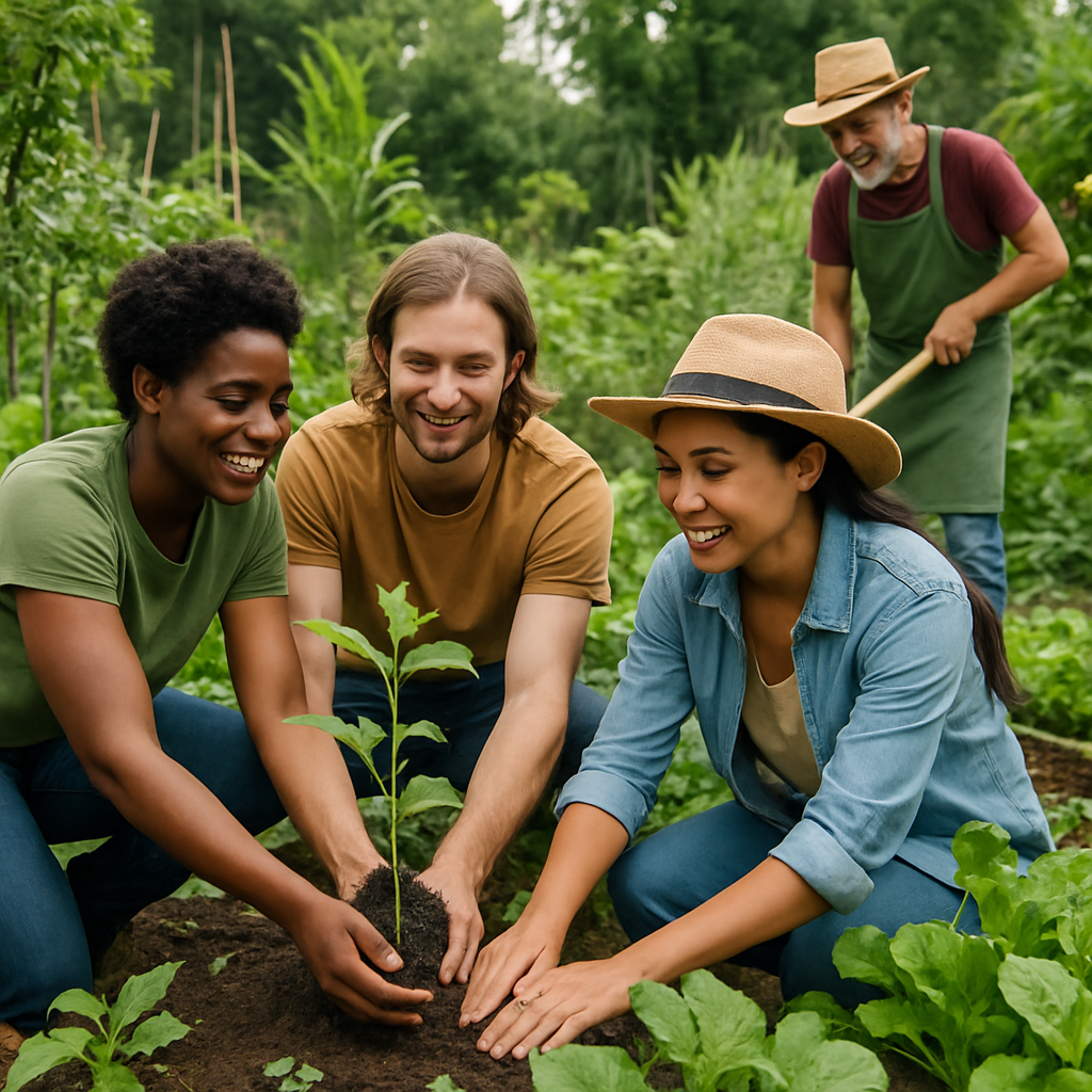 Grupo diverso de personas trabajando en un huerto de permacultura, ambiente colaborativo y verde, tonos frescos, fotografía natural y moderna