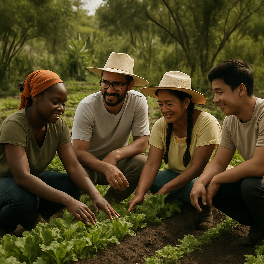 Colectivo diverso en huerto agroecológico oaxaqueño con hileras de cultivo y vegetación nativa, gestos colaborativos y narrativa comunitaria, paleta verde oliva y tierra, fotografía editorial hiperrealista con iluminación natural envolvente