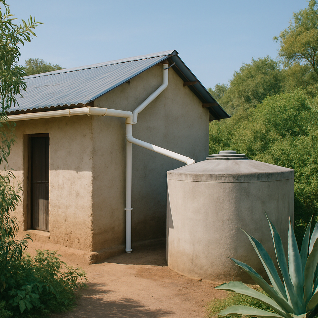 Sistema de cosecha de agua de lluvia en vivienda rural de Oaxaca con canaletas y cisterna, entorno con plantas locales y cielo despejado, composición editorial limpia, tonos azules, verdes y grises, fotografía hiperrealista con luz clara y pulida