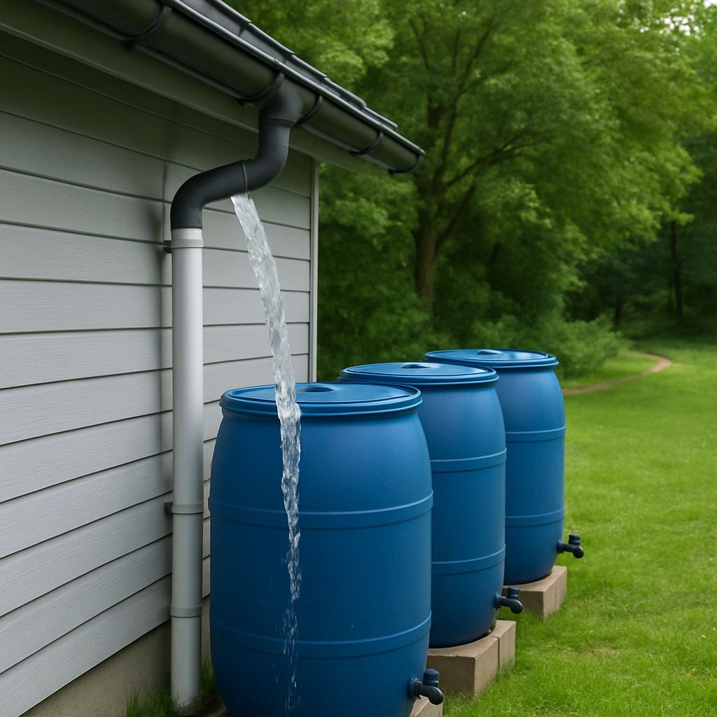 Sistema de cosecha de agua en acción, barriles y canaletas en un entorno verde, atmósfera educativa y profesional, colores azules, verdes y grises, fotografía limpia