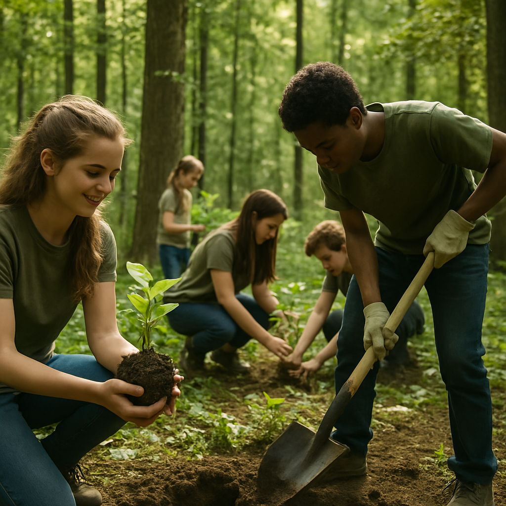 Bosque verde saludable con estudiantes plantando árboles, atmósfera fresca y natural, paleta de verdes y marrones terrosos, fotografía luminosa y optimista