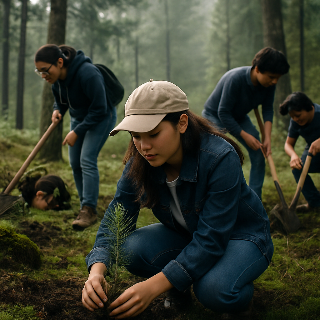 Reforestación en bosque de pino-encino de Oaxaca con estudiantes trabajando, suelo húmedo y musgo visible, narrativa humana en primer plano, tonos verdes profundos y tierra oscura, fotografía editorial hiperrealista con composición de revista y luz natural refinada