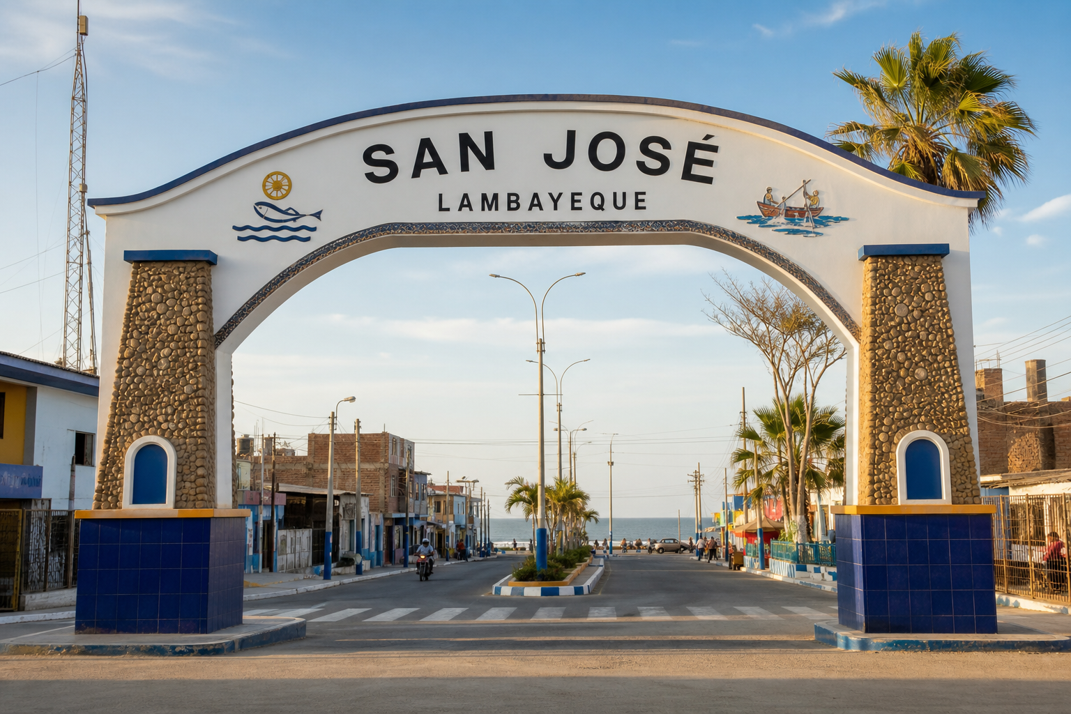 Arco o señal representativa de ingreso al distrito de San José, Lambayeque, en un entorno costero