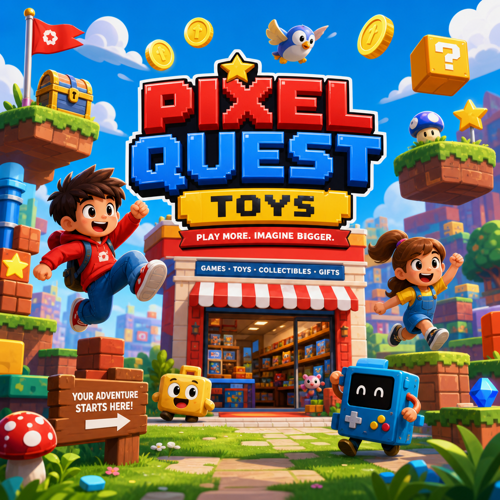 Bright and playful interior of a modern toy and game store with colorful shelves of board games, collectible figures, and family-friendly gaming displays