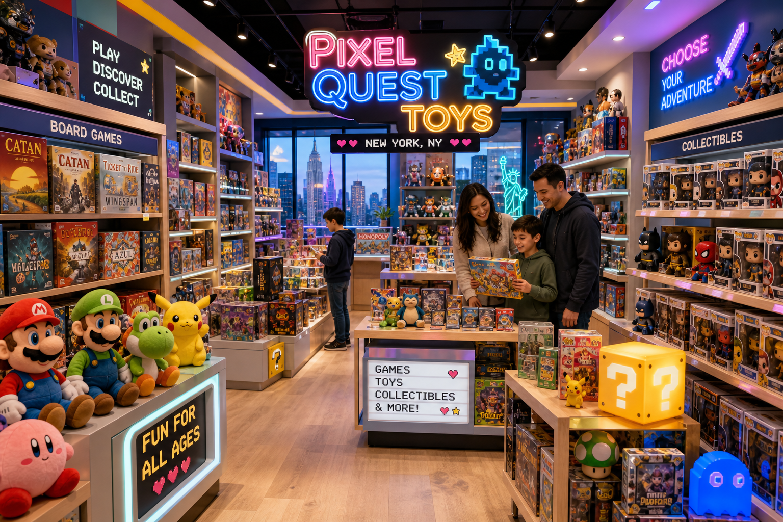 Colorful game and toy shop interior with bright shelves of board games, collectibles, and plush toys, a family-friendly vibe, and playful neon-inspired accents