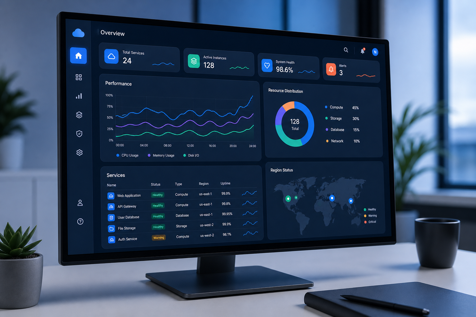 Dashboard de operaciones en la nube con paneles analíticos y gráficos de rendimiento